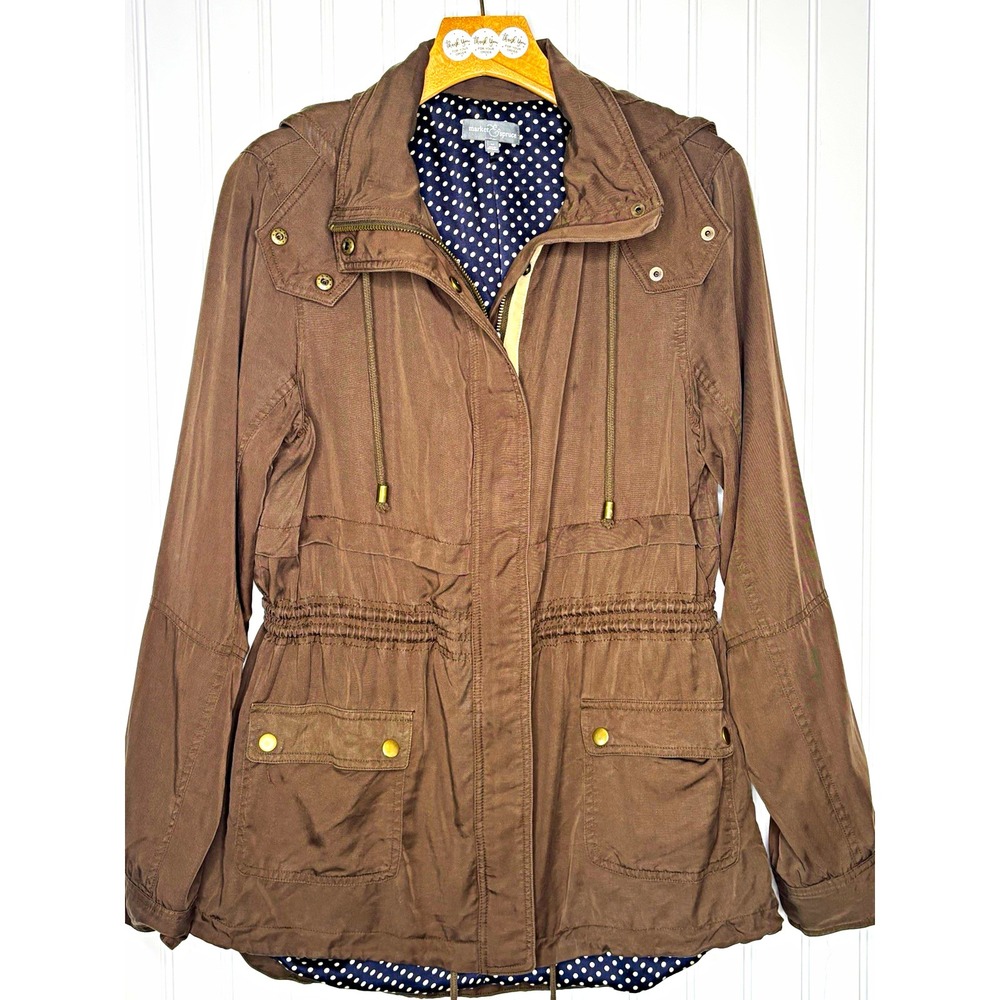 Market & Spruce Anorak Jacket M Brown Hooded Zip Snap Lined Mid-Length Fall *